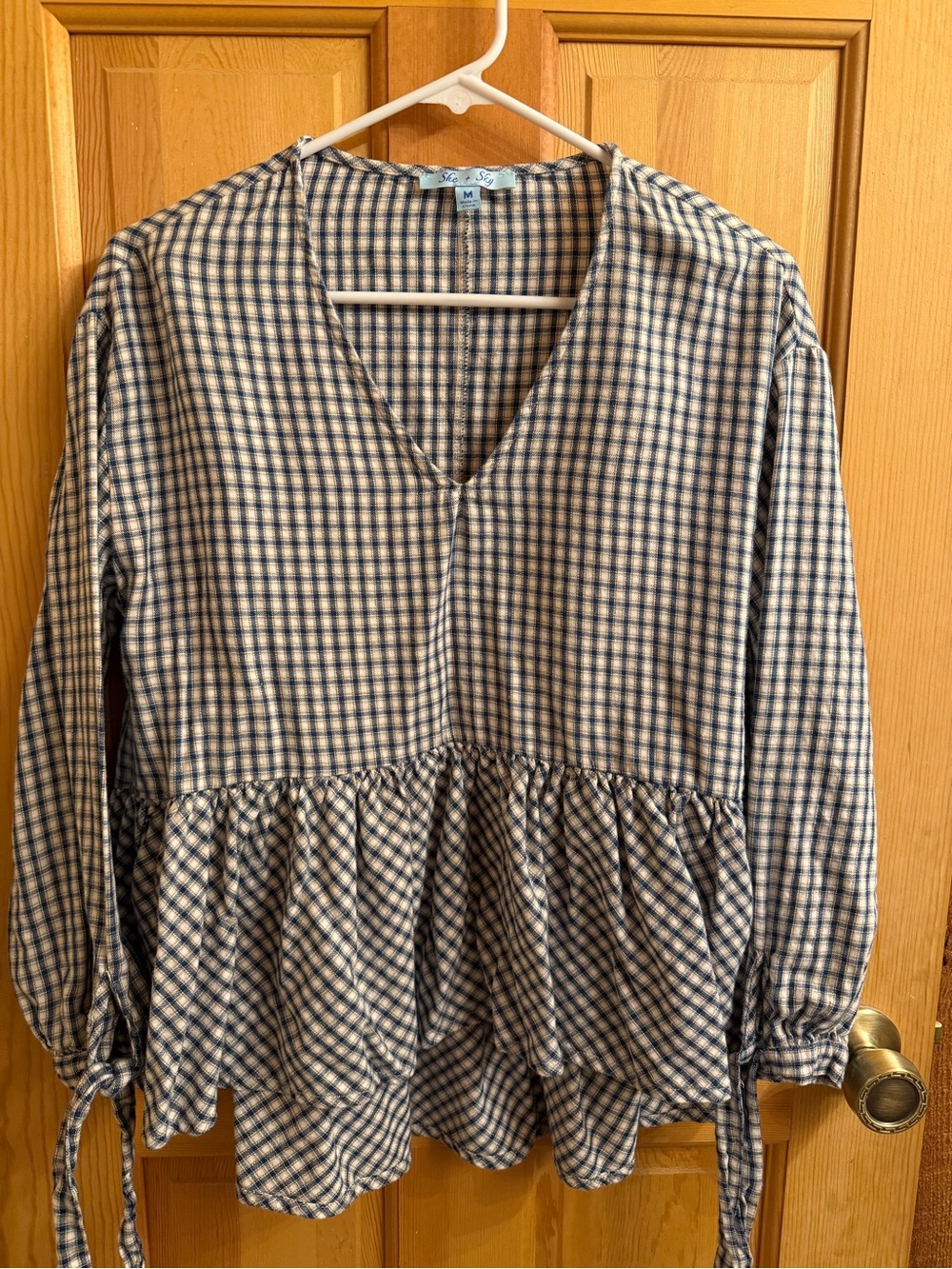 V-Neck Peplum Checked Blouse - Blue & Cream